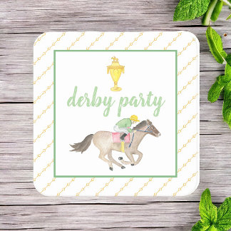 Watercolor Jockey Derby Party Horse Race Gold Square Paper Coaster