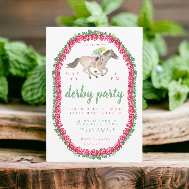 Watercolor Jockey Horse Derby Party Roses Invitation (Creator Uploaded)