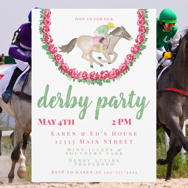 Watercolor Jockey & Horse with Roses Derby Party  Invitation (Creator Uploaded)
