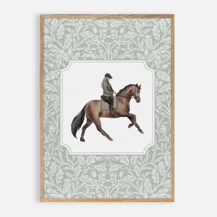 Watercolor jockey on a brown horse, vintage poster