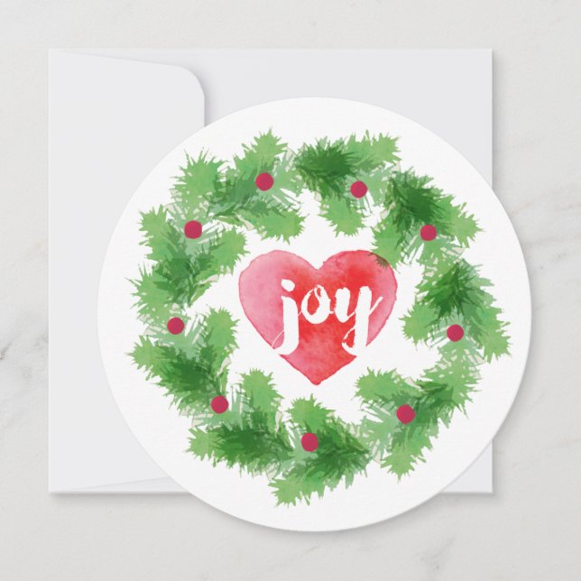 Watercolor Joy Pine Wreath Holiday Card (Front)