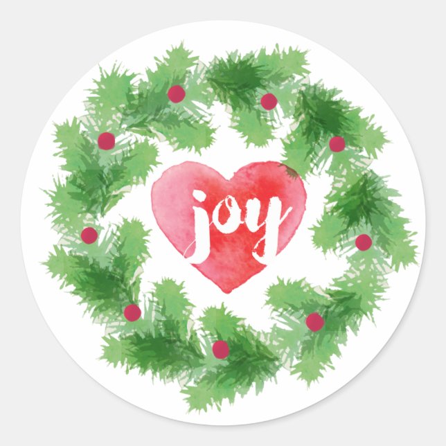 Watercolor Joy Pine Wreath Holiday Sticker (Front)