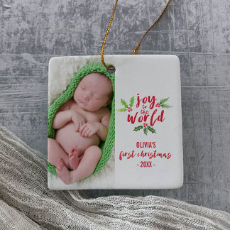 Watercolor Joy to the World Baby's First Christmas Ceramic Ornament