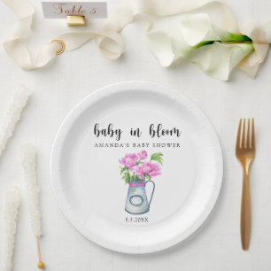 Watercolor jug of flowers - baby in bloom  paper plate