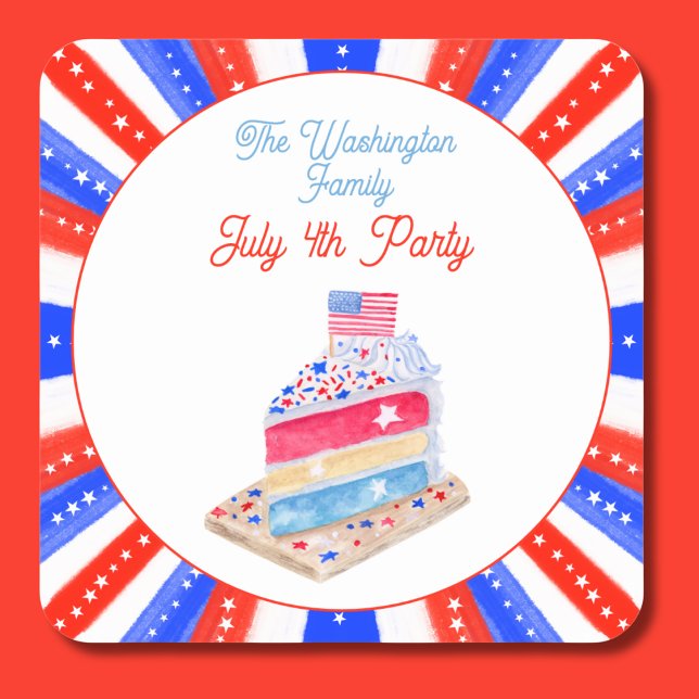 Watercolor July 4th Cake Party Square Sticker (Creator Uploaded)