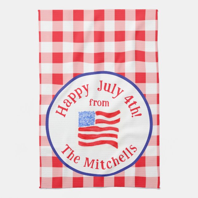 Watercolor July 4th Flag Red Check NAME Tea Towel (Vertical)