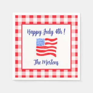 Watercolor July 4th Flag Red White Check Napkin