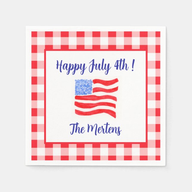 Watercolor July 4th Flag Red White Check Napkin (Front)