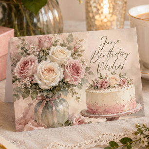 Watercolor June Birthday Card Pink Roses and Cake