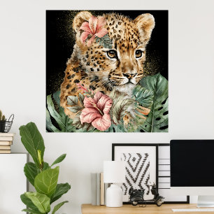 Watercolor Jungle Baby Animals Floral Art Poster