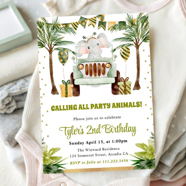 Watercolor Jungle Elephant Kids Birthday Invitation (Creator Uploaded)