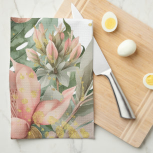 Watercolor Jungle Florals Peach Gold Splash Tea Towel