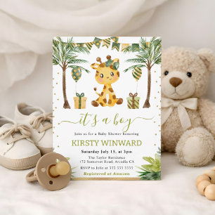 Watercolor Jungle Giraffe Baby Boy Shower Invitation
