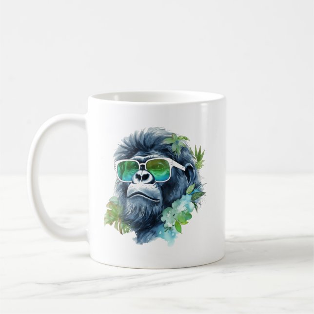 Watercolor Jungle Gorilla with Sunglasses & Leafs Coffee Mug (Left)