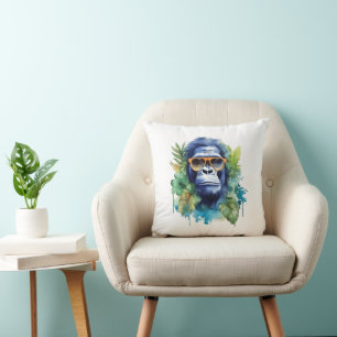Watercolor Jungle Gorilla with Sunglasses & Leafs Cushion
