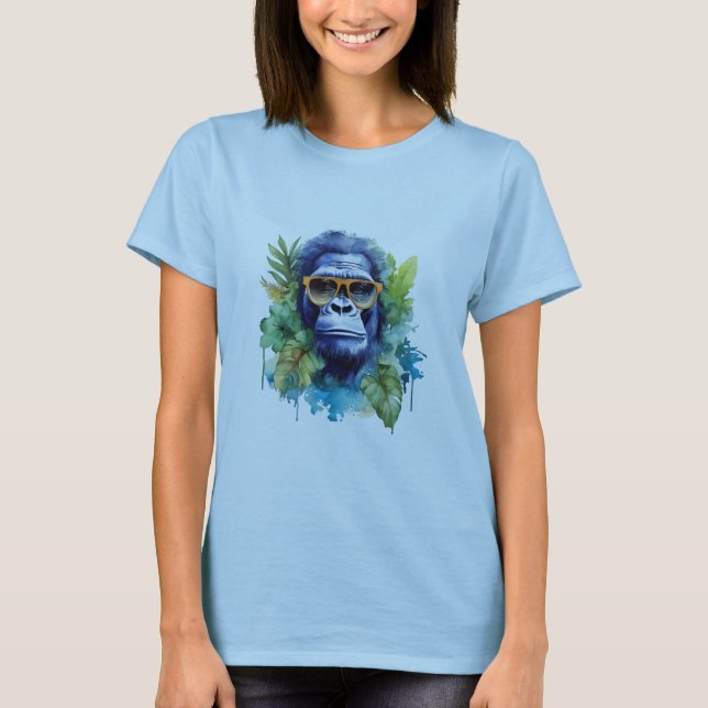 Watercolor Jungle Gorilla with Sunglasses & Leafs T-Shirt (Front)