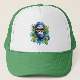 Watercolor Jungle Gorilla with Sunglasses & Leafs Trucker Hat