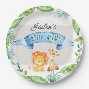 Watercolor Jungle Lion and Giraffe Birthday Paper Plate