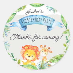 Watercolor Jungle Lion and Giraffe Birthday Thank Classic Round Sticker