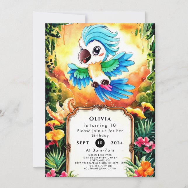 Watercolor Jungle Parrot Birthday Invitation (Front)