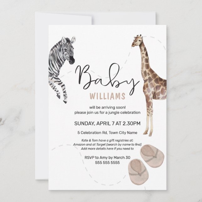 Watercolor Jungle Safari Animal Girl Baby Shower Invitation (Front)