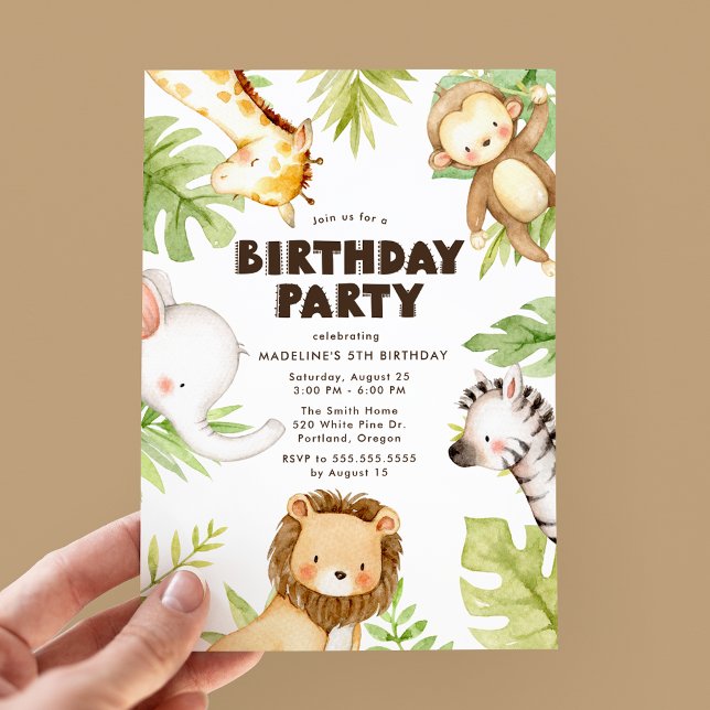 Watercolor Jungle Safari Animals Birthday Party Invitation (Creator Uploaded)