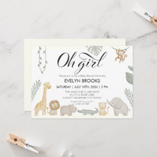 Watercolor Jungle Safari Animals Girl Baby Shower Invitation