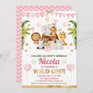 Watercolor Jungle Safari Animals Girls Birthday Invitation