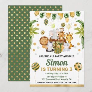 Watercolor Jungle Safari Animals Kids Birthday Invitation