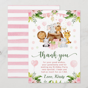 Watercolor Jungle Safari Animals Kids Birthday Thank You Card
