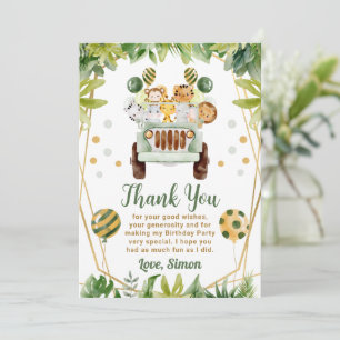 Watercolor Jungle Safari Animals Kids Birthday Thank You Card