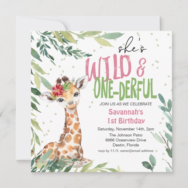 Watercolor Jungle Safari Wild One 1st Birthday Inv Invitation (Front)