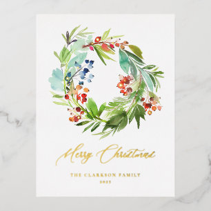 Watercolor Juniper and Holly Wreath Christmas Foil Holiday Postcard
