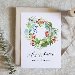 Watercolor Juniper and Holly Wreath Christmas Holiday Card
