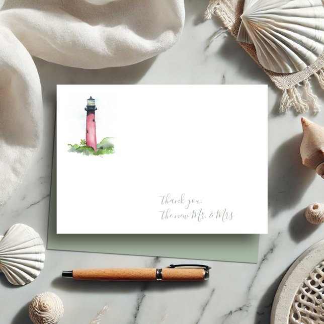 Watercolor Jupiter Lighthouse Thank You Stationery Card (Nautical note cards watercolor lighthouse art by Victoria Grigaliunas of Do Tell A Belle)