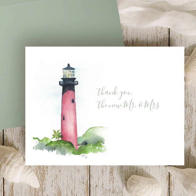 Watercolor Jupiter Lighthouse Thank You Stationery Note Card (Beach wedding in Florida custom thank you cards Jupiter lighthouse watercolor Victoria Grigaliunas)