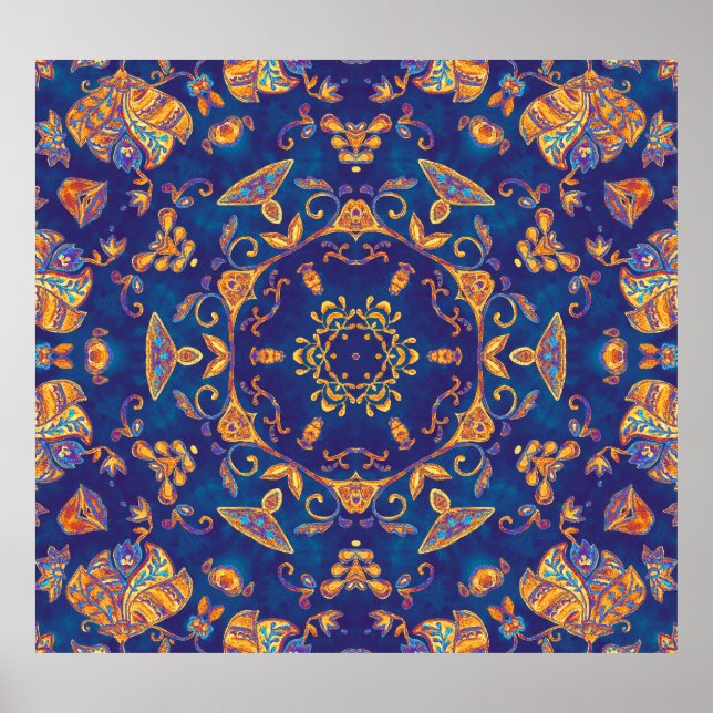 Watercolor Kaleidoscope Mandala Oriental Design. Poster (Front)