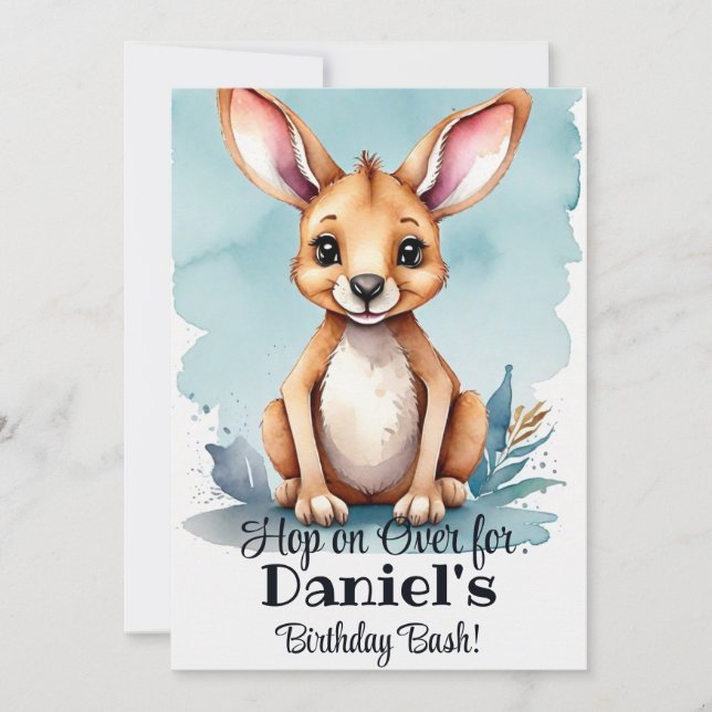 Watercolor Kangaroo Birthday Bash Invitation (Front)