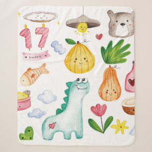 Watercolor kawaii doodles isolated on white backgr sherpa blanket