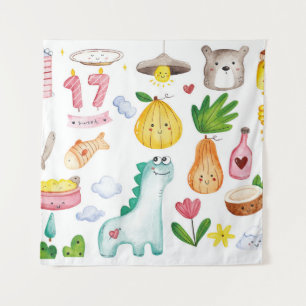 Watercolor kawaii doodles isolated on white backgr tapestry