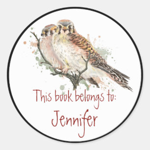 Watercolor Kestrel Hawks Birds Library Book Plate Classic Round Sticker