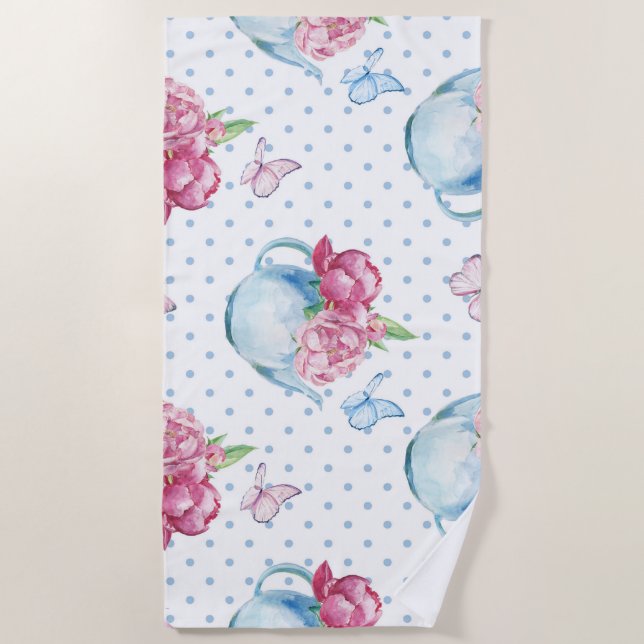 watercolor kettle peony beach towel (Front)
