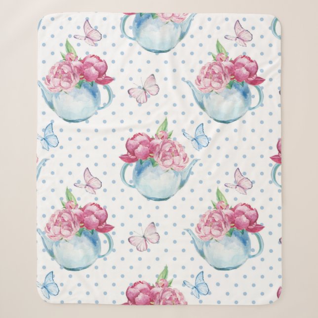 watercolor kettle peony sherpa blanket (Front)