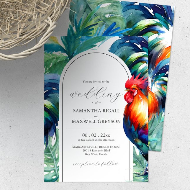 Watercolor Key West Florida Wedding Invitations (Bright color wedding invitations features unique rooster, palm tree and leaves watercolor art.)