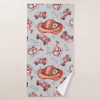 Watercolor Kid Red Firefighter Cute Design Bath Towel