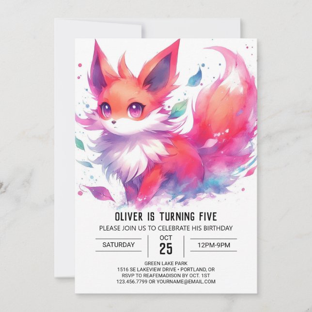 Watercolor Kids Fox Birthday Invitation (Front)