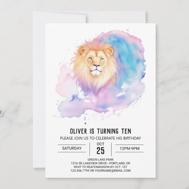 Watercolor Kids Lion Birthday Invitation (Front)