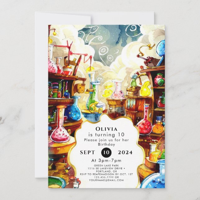 Watercolor Kids' Magic Scientist Birthday Invitation (Front)