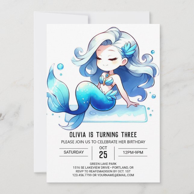 Watercolor Kids Mermaid Birthday Invitation (Front)