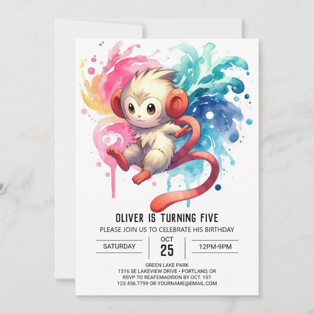  Watercolor Kids Monkey Birthday Invitation (Front)